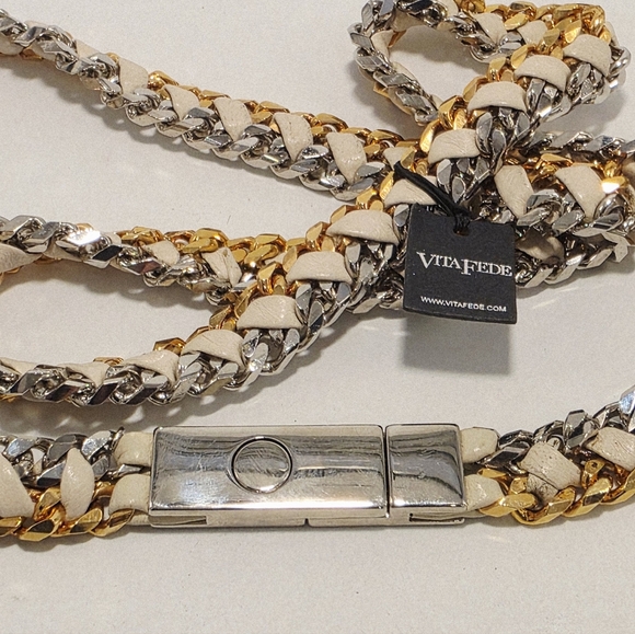 Vita Fete Double Chain Gold & SilverTone Breaded Cream Color Leather Belt New main image 4